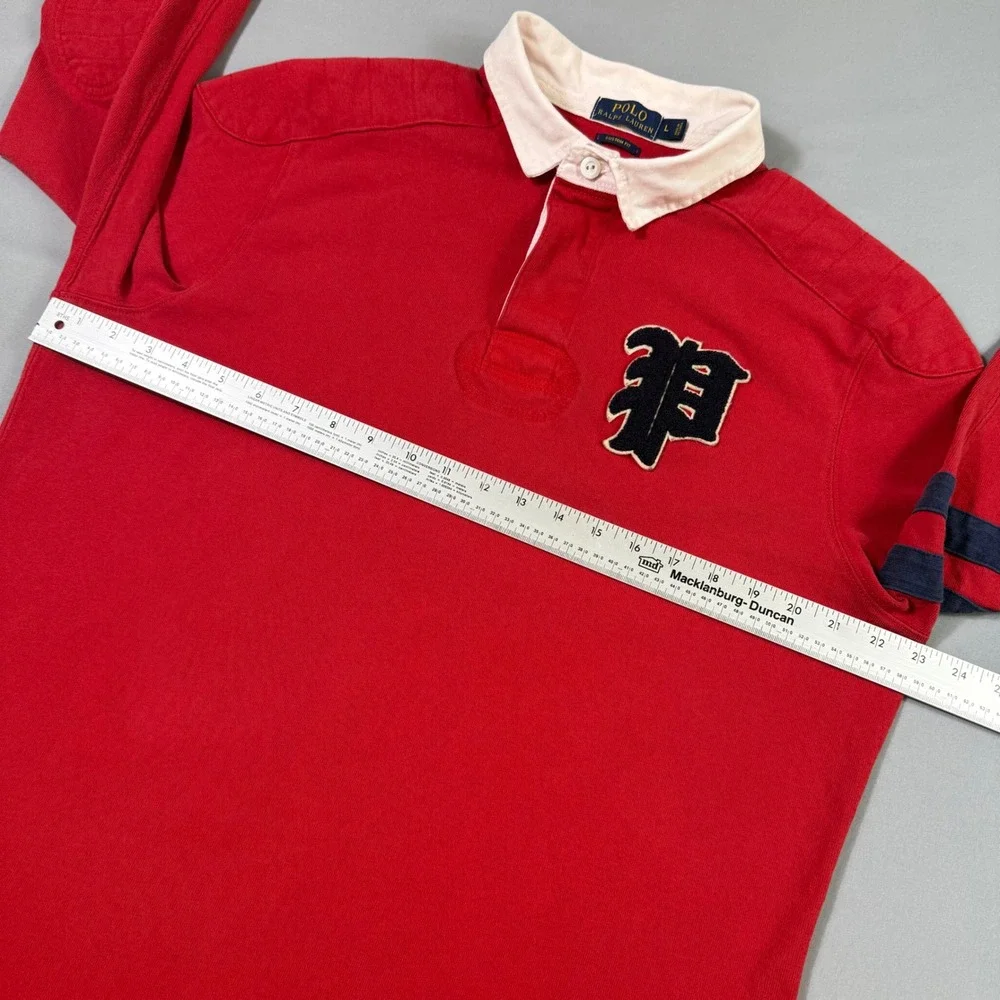 Polo Ralph Lauren Rugby Shirt Mens Large Red Custom Fit 67 Patch Long Sleeve